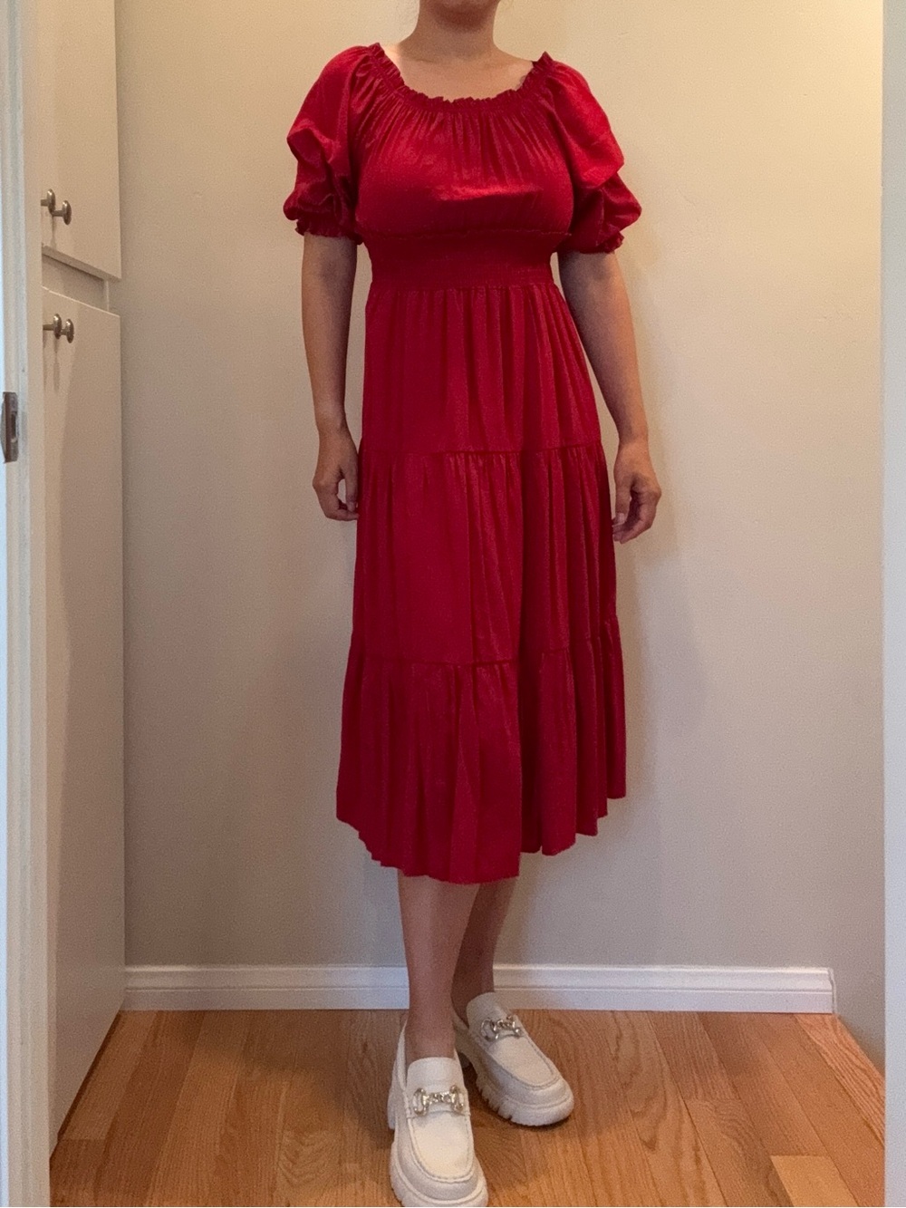 Red Tiered Puff-Sleeve Midi Dress